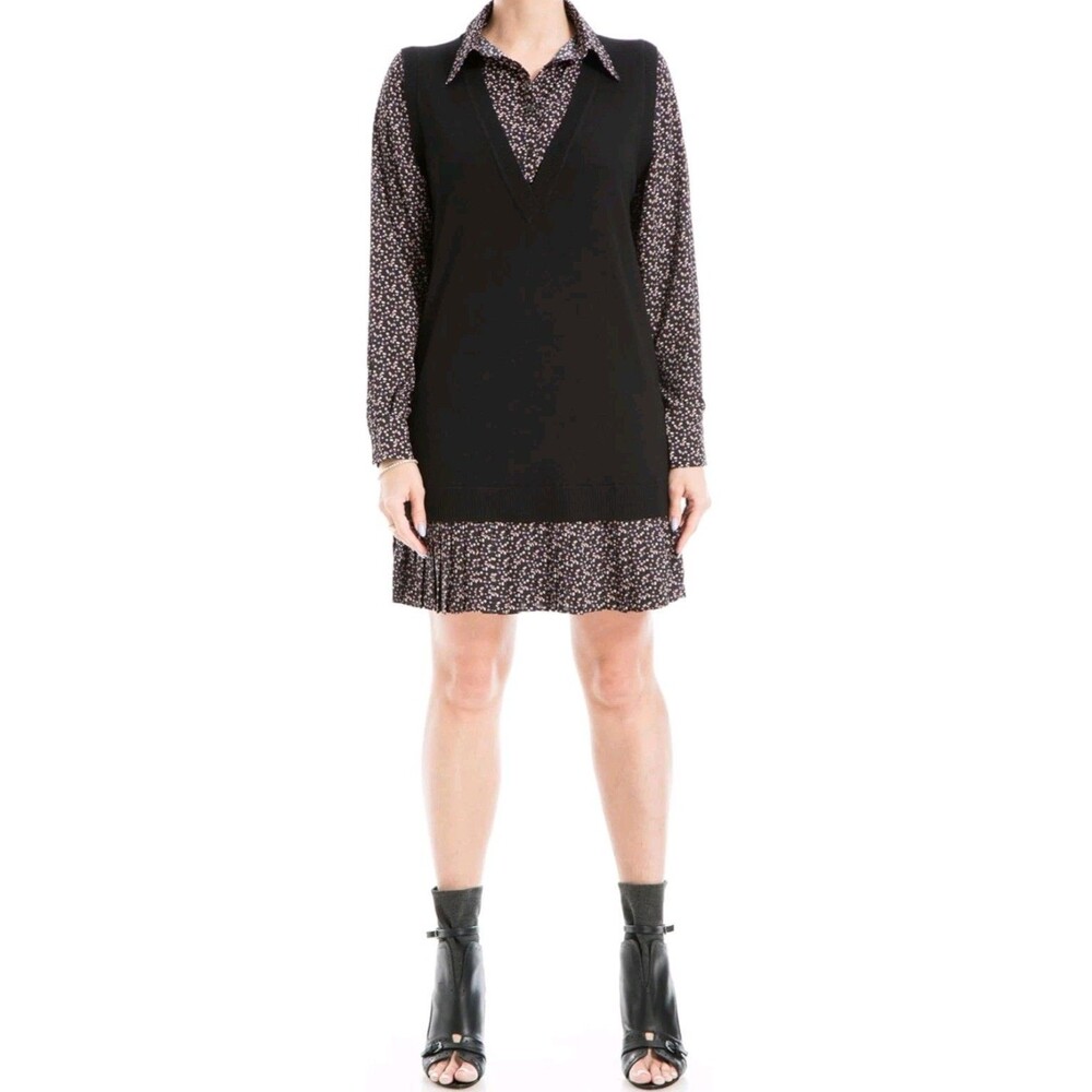 Max Studio London Twoffer Dress Sz XL Black Floral Layered SweaterVest Mini $178